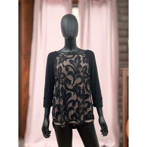 Sweet‎ Grey Black Lace Top L – Rayon/Spandex Nylon Contrast Poly Lining